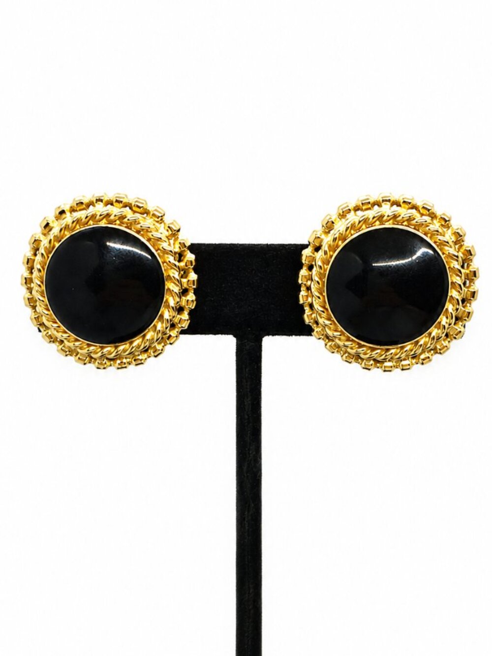 VINTAGE ST JOHN Earrings Black Enamel Gold Tone Rope Clip On Statement 1.25"